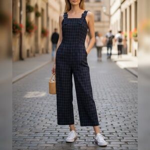 Club Monaco Windowpane Jumpsuit Navy Blue Sz 4 Sleeveless Cropped Grid